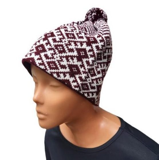 Traditional Latvian Beanie Without a Folded Brim, Well Symbol – Burgundy and White