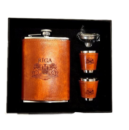 Set - bottle with glasses in leather