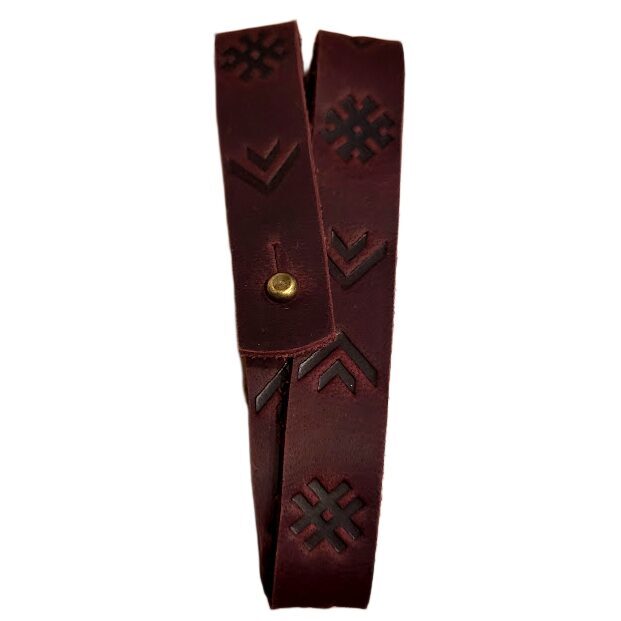 Double leather bracelet with Latvian signs, burgundy