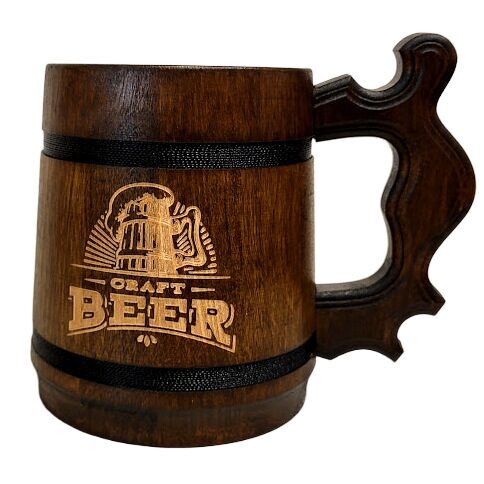 Dark Wooden Beer Mug with Engraving and Barrel Ribs, 0.5 L-5 