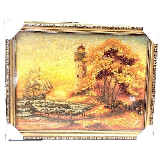 Exclusive amber painting "Sunlit Lighthouse" (30x40 cm) 