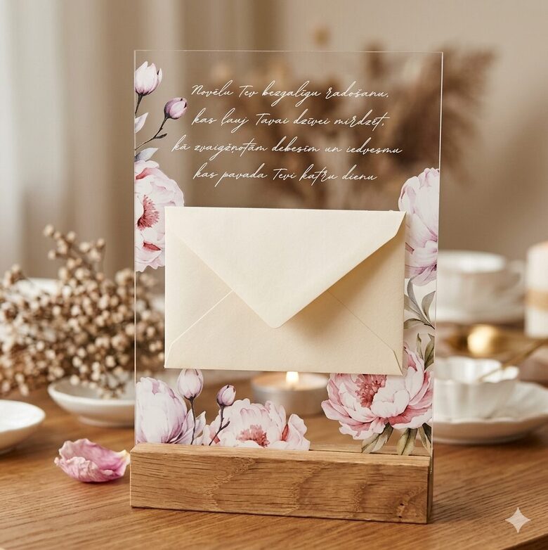 Acrylic table decor with wooden stand "Wishing you endless creativity..."  