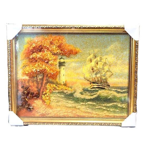 Эксклюзивная картина из янтаря "Стражи маяка" (30x40 см) 