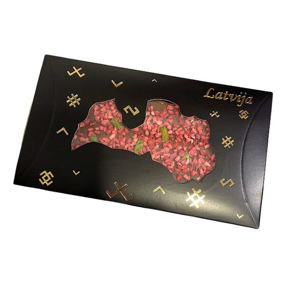 Milk chocolate with freeze-dried raspberries and hand-picked pistachios