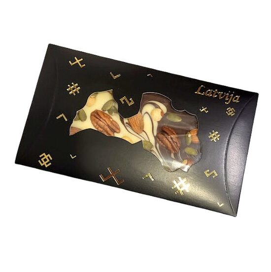 A mix of dark and white chocolate with pecans, hazelnuts, almonds and pumpkin seeds