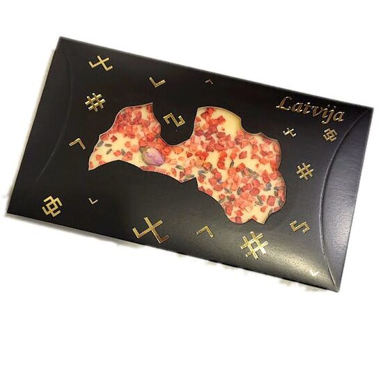 White chocolate with freeze-dried strawberries, lavender and rose flowers