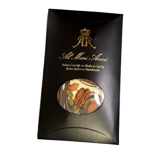 A mix of dark and white chocolate with pecans, hazelnuts, almonds and pumpkin seeds