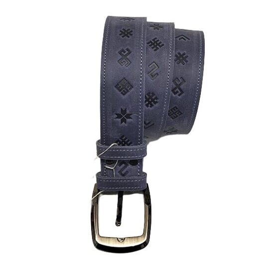 Genuine leather belt "7 signs" (blue-gray)