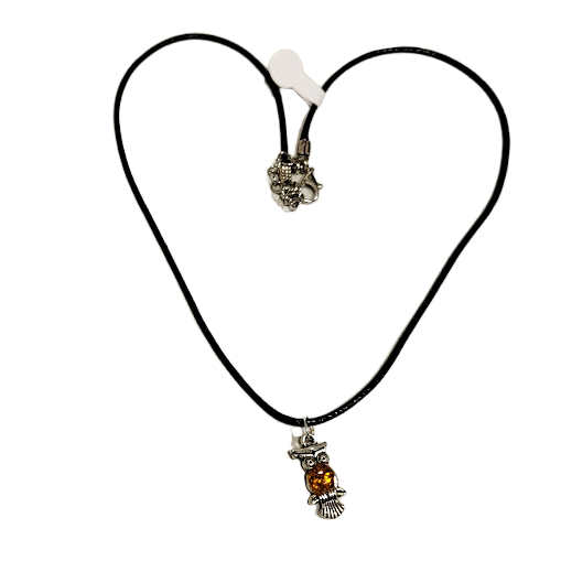 Amber Owl Pendant "Wise Owl" on Black Cord 