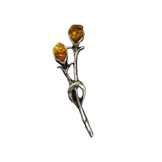 Elegant Metal Brooch "Floral Duet" with Baltic Amber (7x2.5 cm) 