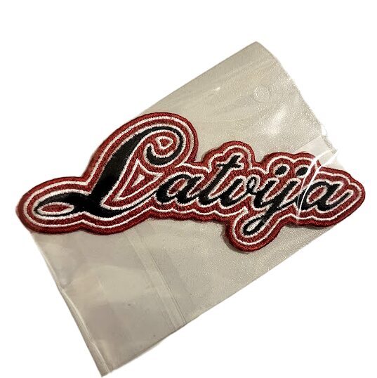 Embroidered patch with text "Latvia" 12x5 cm