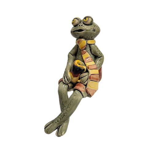 Handmade Ceramic Figurine "Sitting Frog with a Mug" - 12x4x6 cm 