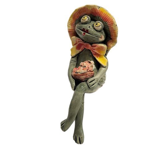 Handmade Ceramic Figurine "Sitting Frog with Flower Basket" - 13x4x6 cm 