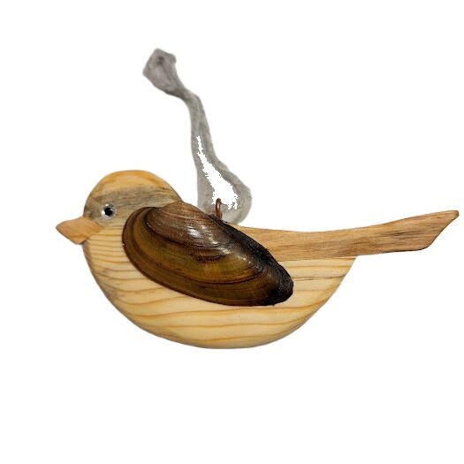 Handmade Wooden Bird with Seashell Wings, Small - 13x7x4 cm 