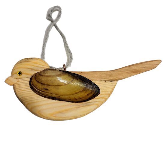 Handmade Wooden Bird with Seashell Wings, Large - approx. 16x7x4 cm 