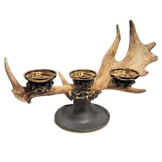 Exclusive Clay & Moose Antler Candle Holder with Bronze Accents (~50x30x32 cm) 