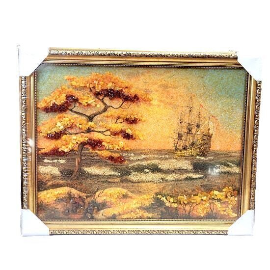 Эксклюзивная картина из янтаря "Парусник золотого берега" (30x40 см) 