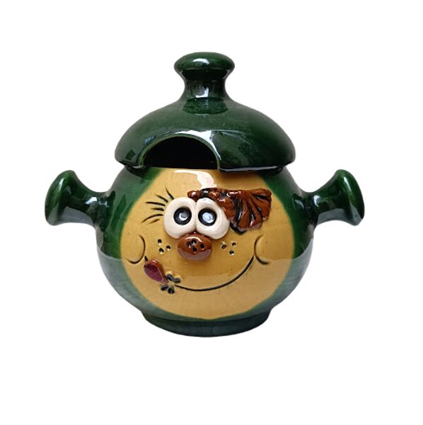 Глиняный горшок с глазками, низкий зеленый