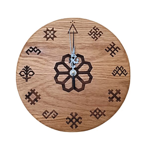 Wall clock made of wood with amulets D24