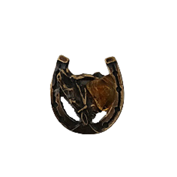 A metal horseshoe with a piece of amber