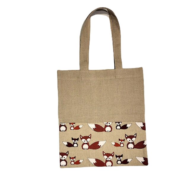 Linen shopping bag with two front pockets Foxes