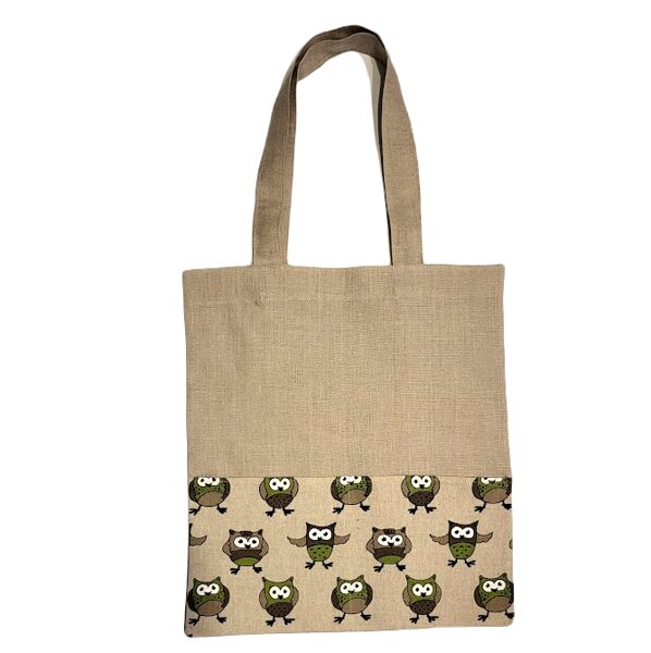 Linen shopping bag with two front pockets Owl