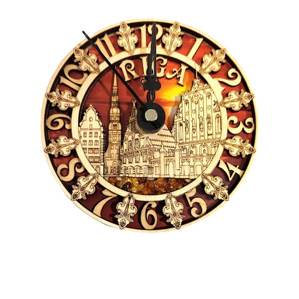 Small wooden wall clock with pieces of amber 135030