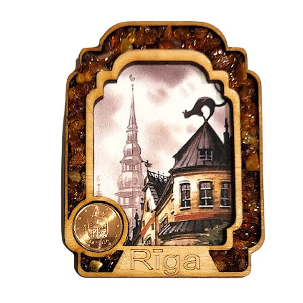 Wooden Magnet – Riga Views with Amber and Coin 677403