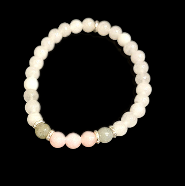 Dabīgā akmens aproce no mēnessakmens, labradorīta un rozā kvarca 0516404