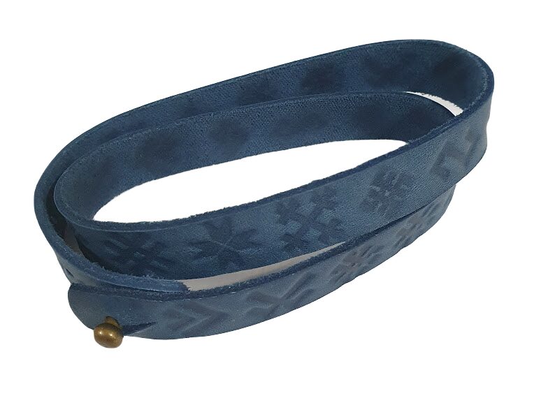 Double leather bracelet with Latvian signs, gray-blue