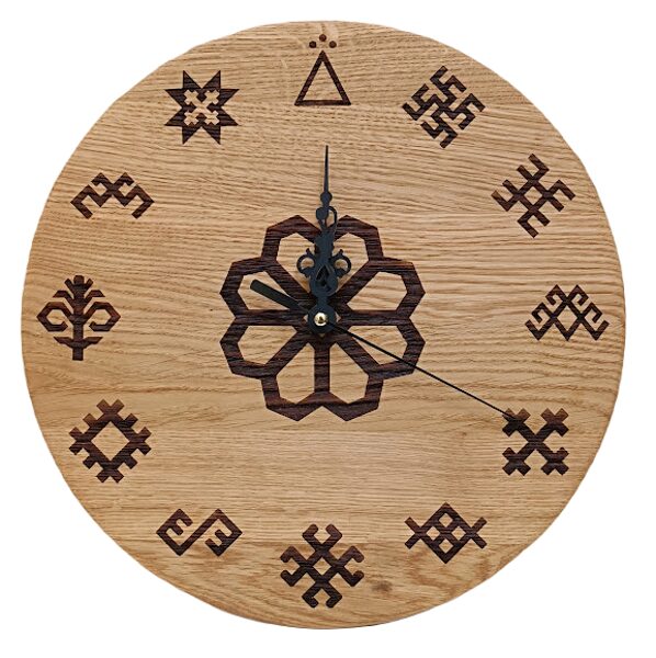 Wall clock made of wood with amulets D28